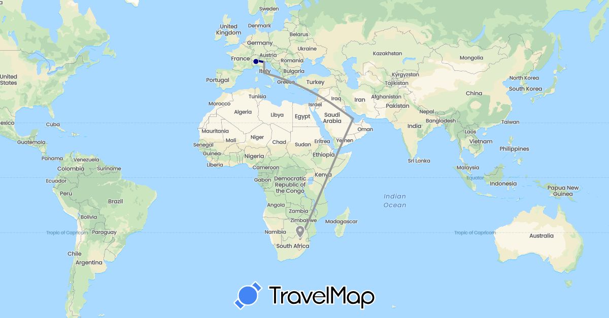 TravelMap itinerary: driving, plane in Italy, Qatar, South Africa (Africa, Asia, Europe)